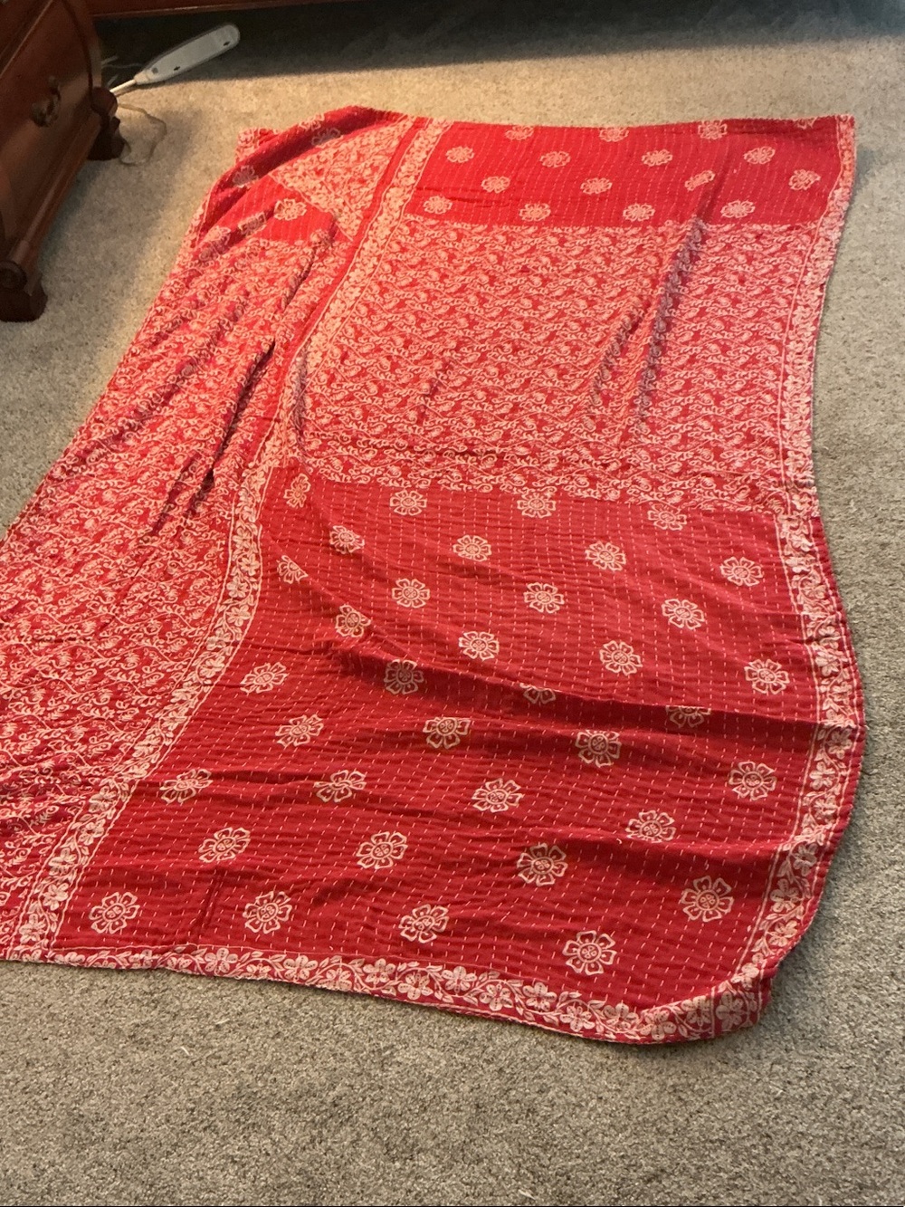 Kantha Blanket Twin Size ~ Red & Yellow - Picture 2 of 4
